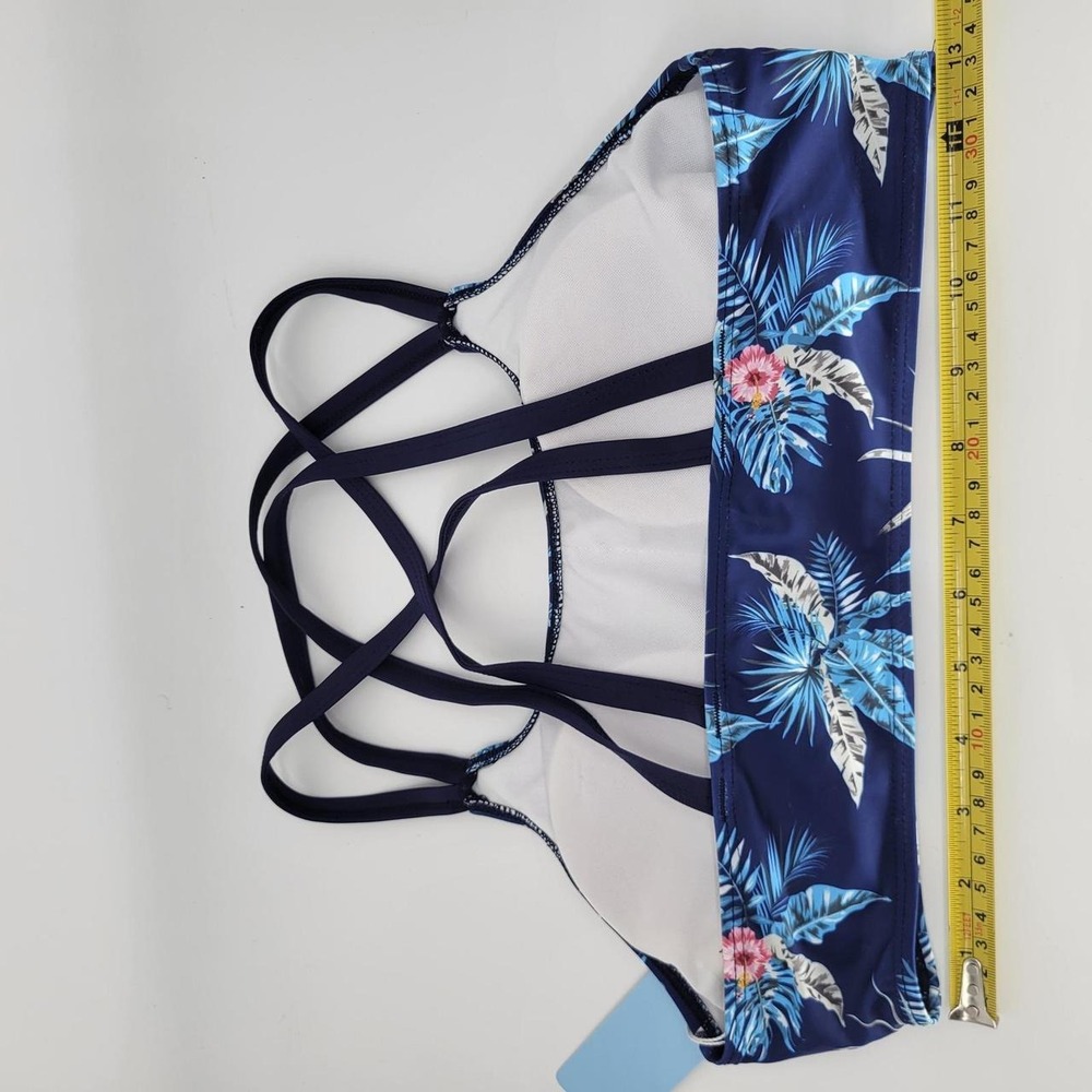Yonique Womens Tropical Floral Crisscross Back Bikini Swim Top Navy Blue Size M - Picture 5 of 7